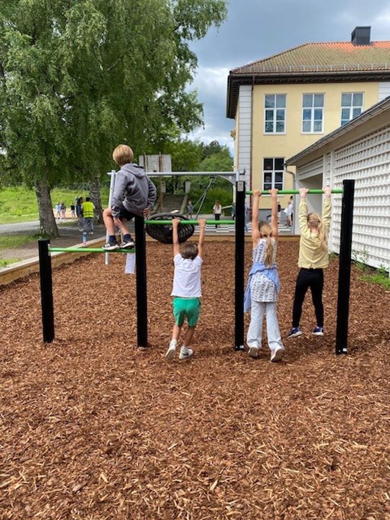 en gruppe barn som leker på en lekeplass